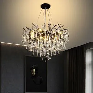 Black Island Light Long Strip Restaurant Hanging Tree Branch Crystal Chandelier K9 Drop-shaped Crystal Lamp