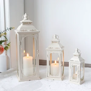 3PCS Outdoor Garden Metal Candle Lantern Wedding Vintage Candle Holder Glass White Large Lantern Set
