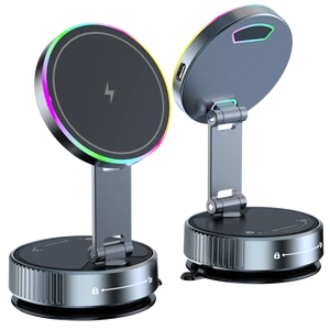 Produtos Vencedores Vacuum Suction Cup Mobile Phone Holder Magnetic Car Dashboard Stand K3 15W Car Wireless Charging With RGB
