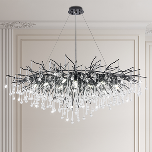 PM Luxury Black Oval Aluminum Branch Crystal Chandelier Water Drop Hotel Living Pendant Lamp Restaurant Decorative Hanging Light