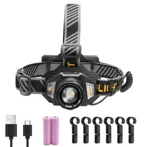 Bright LED Rechargeable Headlamp with 16 Lighting Modes Lightweight Head Flashlight Adjustable 90 Degree Headband