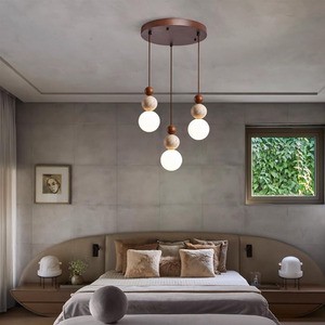 Wabi Sabi Style LED Creative Gourd Linear Three-light Solid Wood Travertine Pendant Lamp Dinning Room Light
