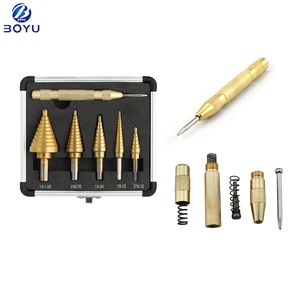 6 Pieces Titanium Coated Straight Flute Step Drill Bit Set With Automatic Center Punch In Aluminum Box