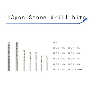 RISING 13pcs YG8C Tungsten Carbide Stone Drill Bit Set #45 Carbon Steel Shank for Masonry Applications