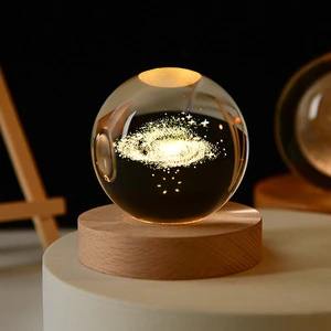 Newly Designed 3D Laser Transparent Crystal Ball LED Light Crystal Glass Galaxy Ball With Wooden Lamp Holder As Harmonious Gifts