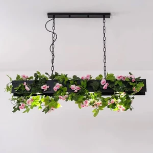 Biophilic Design Lighting Industrial Vintage Linear Pendant Light Artificial Flower Decor LED Spotlight Hanging Lamp For Bar