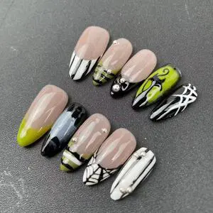 High-quality Factory Wholesale Handmade Press-on Nails, Almond Shape, Hand-painted French cat Style, Reusable