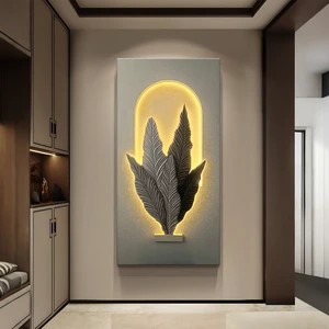 Luxury Home Decor Modern Abstract Botanical Wall Art Handmade 3D Embossed Sandstone LED Lighted Mural Painting