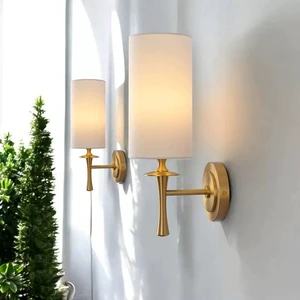 Wall Lamp Bronze Finish White Fabric Drum Shade Wall Mounted Bedroom Contemporary Style wall light