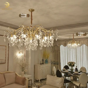 French Luxury Branched Raindrop Crystal Chandelier, Golden Ginkgo Leaf Chandelier for Hotel Villa Living Room and Bedroom