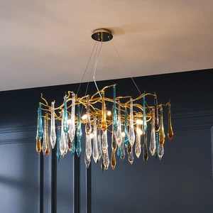 Pm Modern Luxury Colorful Crystal Chandelier Aluminum Branches Bubble Glass Water Drop Pendant Lamp Living Bedroom Dining Light