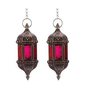 Elegant Design Moroccan Brass Finish METAL Lantern With Red Glass Panels Fancy Shape Home Decoration