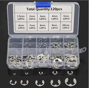 120pcs DIN 6799 Stainless Steel Radial E Type Mounting Retaining Ring for Shafts Fasteners Assortment Kit