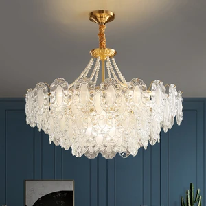 Antique Chandeliers 2-Layer Gold Crystal Glass ChandelierBrushed Brass Adjustable Height Applicable to Living Room and Kitchen