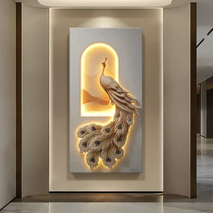 Modern Chic Luxury Home Decoration 3D Peacock Relief Hanging Painting Handmade LED Wall Art Mural For Living Room Bedroom Decor