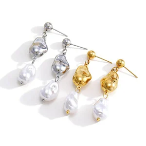 IVANDA European American Trendy Jewelry Stainless Steel Gold Plated Irregular Baroque Pearl Tassel Drop Earrings