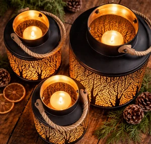 New Vision Iron Metal Rustic Rope Handle Golden Battery Operated Flameless Handmade Durable European-Style Crystal Lantern Home