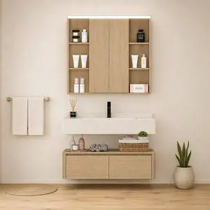 Khazana Hammam Kashab Balut Wall Hung Bathroom Vanity Miraat LED Anti Fog Migsala Modern European Ceramic Sink Hotel Set