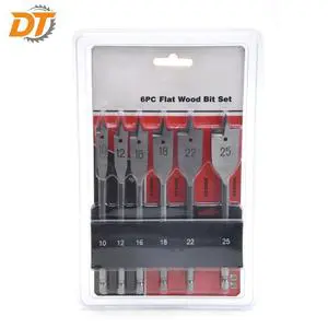 DT HCS Spade Drill Bits 6PCs Set Horizontal Cutting Edge 3-Points Wood Drilling With 1/4 Inch Hex Shank And Plastic Box