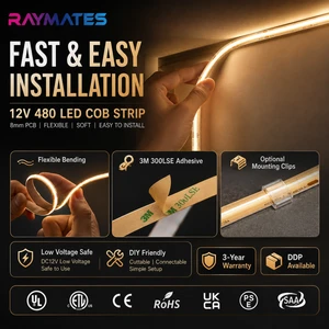 UL 12V Dotless No Dots COB LED Strip Light 480LEDs/m 8mm 5M Flexible High Density COB Light Strip for Cabinet Shelf Showcase