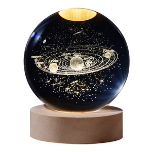 Wholesale Custom 3D Laser Engraving Solar System Crystal Ball Glass Etached Galaxy Ball With Wooden Led Night Light