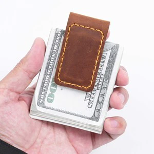 Handmade Crazy Horse Vintage Magnetic Bookmark Holder Short Wallet Money Clip for Amazon