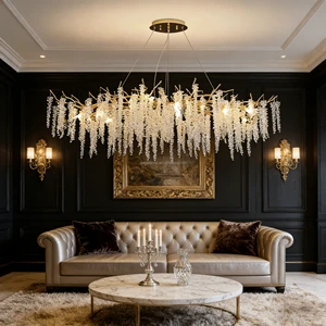 Nordic Style Luxury Chandelier Tassel K9 Crystals Gold Aluminum Tree Branches Modern Living Room Pendant Lamp Oval Hanging Light
