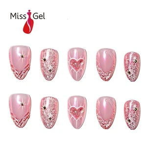 Wholesale Cute Pink Glossy Waterproof Press On Nails Handmade Glitter French Tip Nails With Crystal Accent Nail Art