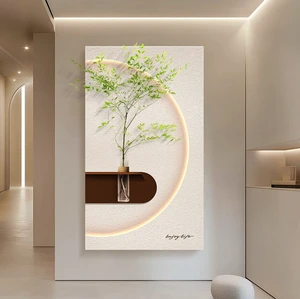 UNIART Custom LED Glow Art Minimalist 3D Relief Sandstone Sculpture Wooden Wall Decor Interior Hanging Mural Vase Decor Wall Art