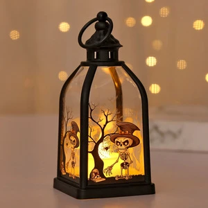Halloween Flameless LED Light Lantern Retro Black Iron Frame Skeleton Witch Candle Light Witch Tabletop Decor Lamp
