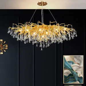 Tree Branch Dimmable Pendant Light Living Room Dining Table Decor Gold Raindrop Crystal Chandelier Luxury Fixtures
