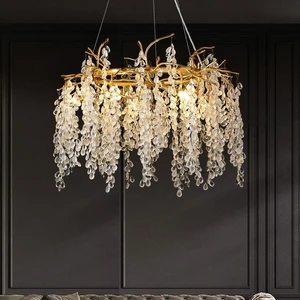 PM Luxury Aluminium Branch Ring K9 Crystal Chandelier French Villa Living Dining Hanging Light Raindrop Decoration Pendant Lamp