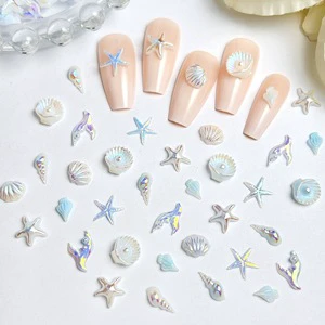 Mixed Flatback Aurora White Blue Pink Resin 3d Summer Conch Starfish Fishtail Rhinestones Charms Ocean Seashell Nail Art