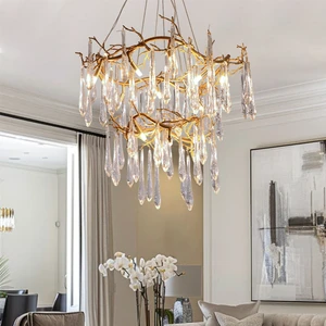 Solid Brass Crystal Branch Chandelier, Light Luxury American Style Designer Pendant Light For Villa Living & Dining Area