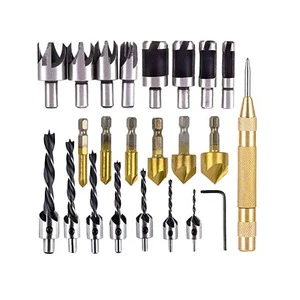 23Pcs Woodworking Chamfer Drilling Tool Countersink Drill Bit Set Wood Plug Cutter And Automatic Center Pin Punch