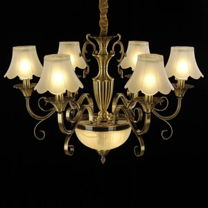 American Style Candle Bulb Lights Decoration Dining Room Copper Chandelier Aisle Pendant Lamp With Marble Lampshade