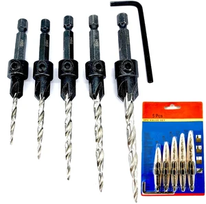 5pcs Countersink Drill Bit Set 1/4 Hex Shank High Speed Steel Pilot Hole Hex Wrench Depth Stop Woodworking Tapered Drill Bit