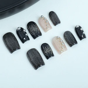 Nail, Pure Handmade Artificial Nail Hand-painted Lines Small Steel Balls High Quality Reusable Nails