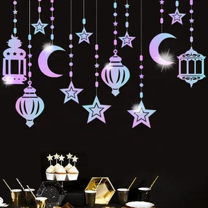 New Islamic Silver Blue Star Crescent Moon Lantern Ramadan Garland EID Decoration Ramadan Mubarak Party Decor Hanging Streamer
