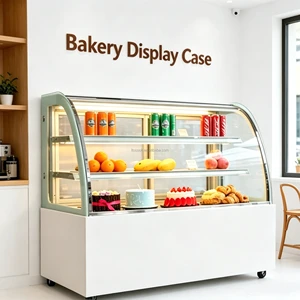 Curved Glass Double Door Commercial Refrigerated Cake Display Cabinet Frost-Free LED Lighting Adjustable Shelves for