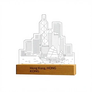 Company Logo Hong Kong Skyline Memorial Solid Wood Customized Small Night Light Acrylic Luminous Gift Birthday 3D DIY Table Lamp