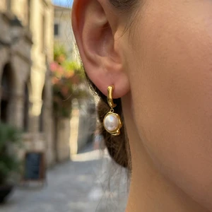 Fashionable Shaped Stainless Steel Pearl Earrings, Trendy Classic Hoop Accessories