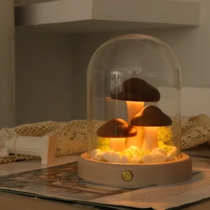 The Novel Glass Cover Mushroom Night Light Wooden Base LED Touch Table Lamp For Family Bed Decoration