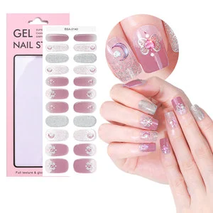 Salon Quality Glitter Design No Bake Cured Gel Nail Sticker Strips UV Free Imitation Drill Gel Nail Strip Stickers