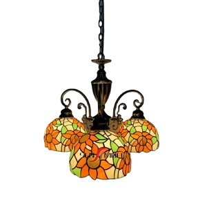 Chinese Factory Wholesale Custom Wrought Iron Vintage Decorate Stained Glass LED Style Chandelier Side Lights Pendant Lamp
