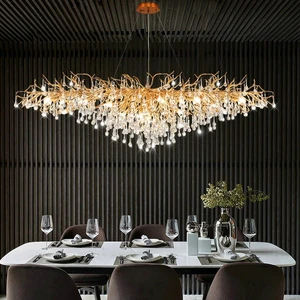 Luxury Metal Crystal Banquet Hall Art Deco Round Leaf Branch Chandelier Hanging Pendant Lamp Crystal Light for Living Room