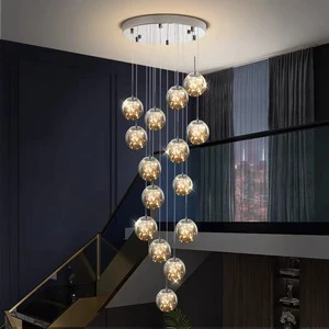 Modern Simple Luxury Stair Lamp Long Chandelier with Round Glass Metal Rotating Headlight for Villa Loft Apartment Living Room