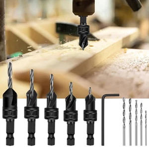 5pcs Countersink Drill Bit Set Wood Tools Woodworking Drill Bit Pilot Holes Hex Shank Screw Size #5 #6 #8 #10 #12 With Wrench