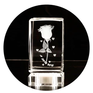 OEM / ODM 3D Laser Crystal Rose Cube & Block With Led Light Base
