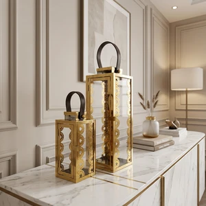 Luxury Gold Plated Metal Candle Holder Designer Lanterns with Leather Handles for Home & Weddings Decoration